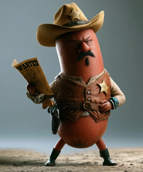 Sheriff Wyatt: a sausage lawman with a star badge, cowboy hat, vest and holster, holding a Wanted poster