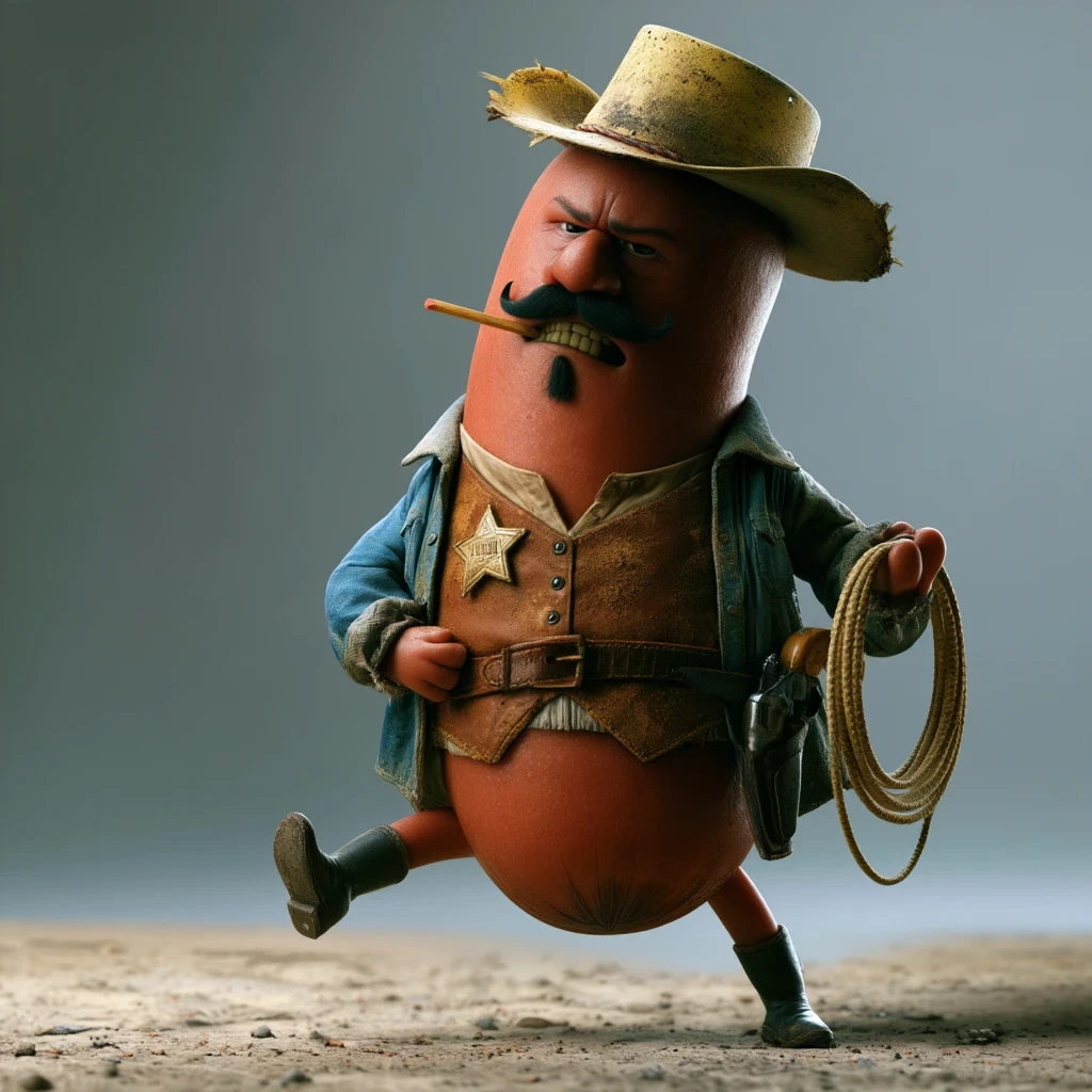 Deputy Dusty: a sausage deputy mid-stride, with a dusty hat, star badge, denim jacket, a matchstick in his teeth and a lasso