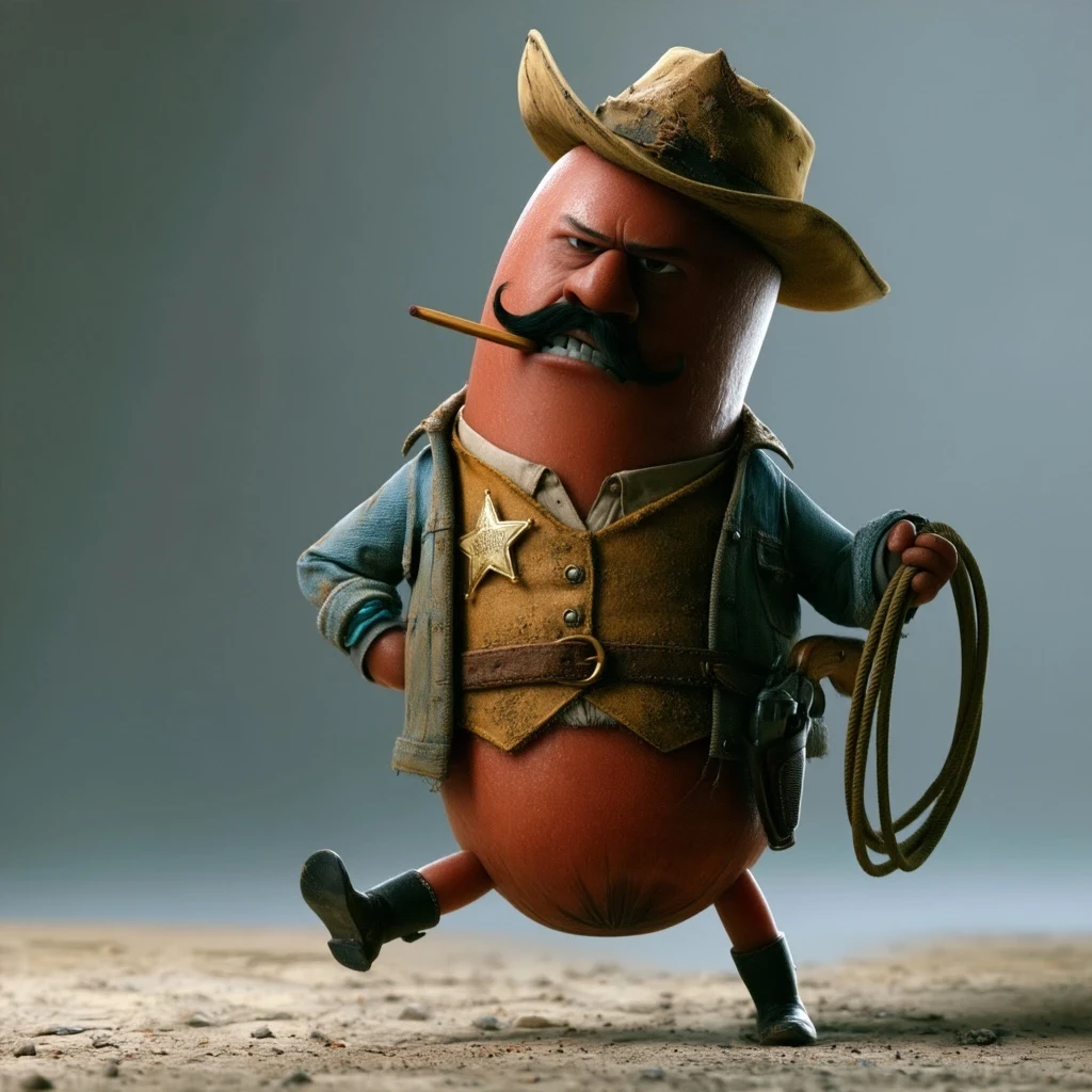 Deputy Berry: a scowling sausage deputy mid-stride, with a dusty hat, star badge, denim jacket, a matchstick in his gritted teeth and a lasso