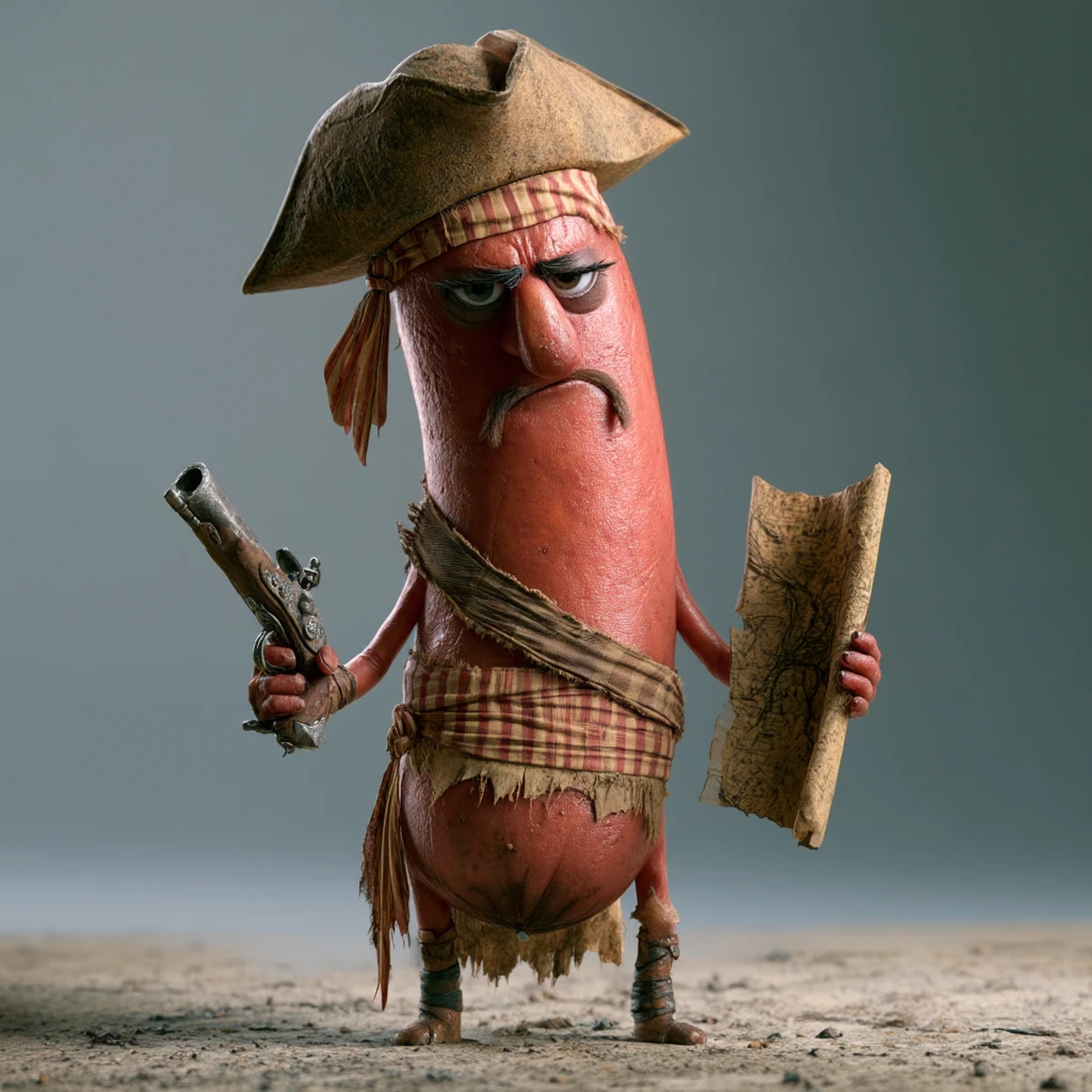 A pirate pud in a tricorn hat and bandana, holding a flintlock pistol and an old treasure map